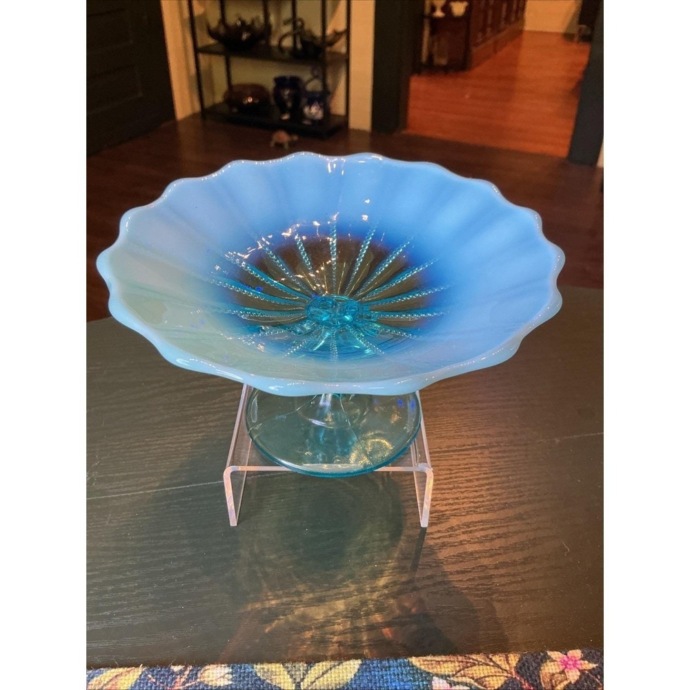Antique 6.75" Northwood Blue Opalescent Glass Beaded Panel Compote Footed Dish